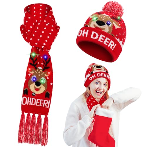 2 Pieces LED Light up Christmas Hat Lights Scarf Set Xmas Flashing Beanie Cap Knitted Scarf for Christmas Holiday Party
