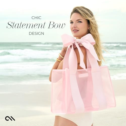 Case-Mate Pink Bow Beach Tote - Lightweight Beach Bag with Phone Pouch for Women - Waterproof, Tip-Proof, Foldable & Washable - Tote Bag for Beach, Pool, Travel and Vacation - Large