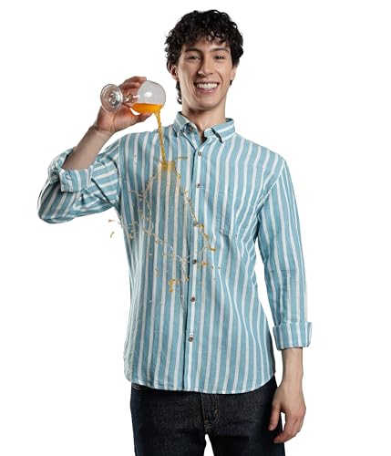 Image of TURMS Men's Casual Striped Linen Shirt | Water Repellent | Anti Stain Anti Odor | Kansas Linen | Concealed Button Down Collar | Full Sleeves