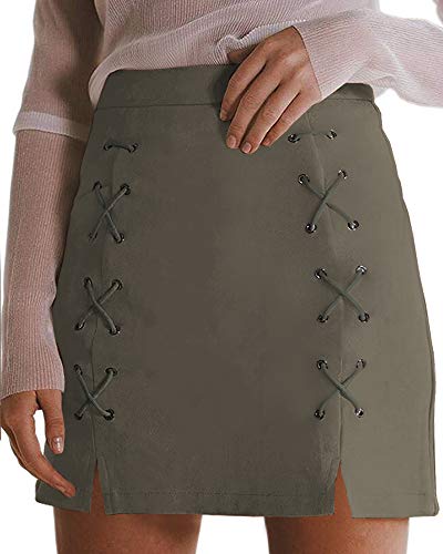 Image of MANGOPOP Women's Classic High Waist Lace Up Bodycon Faux Suede A Line Mini Pencil Skirt (Army Green, Large)