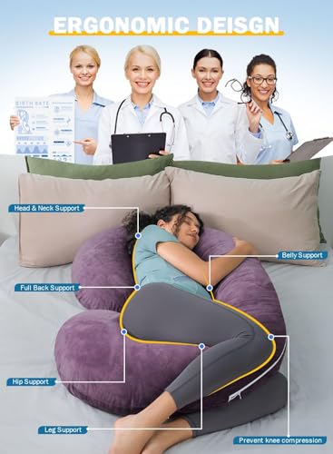 Image of INSEN Pregnancy Body Pillow,Full Body Pillow,C Shaped Full Body Pillow with Velvet Cover (Dark Purple Velvet)