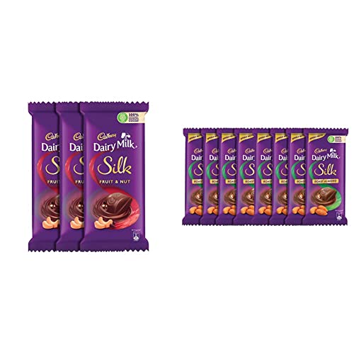 Image of Cadbury Dairy Milk Silk Fruit and Nut Chocolate Bar, 137g (Pack of 3) & Dairy Milk Silk Roast Almond with Whole Nuts Chocolate Bar, 58g - Pack of 8