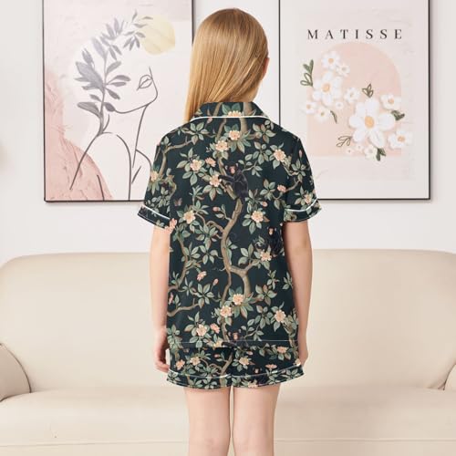ALAZA Green Flower Monkey Pajamas Satin Pajama Set Short Sleeve Button Down Sleepwear4