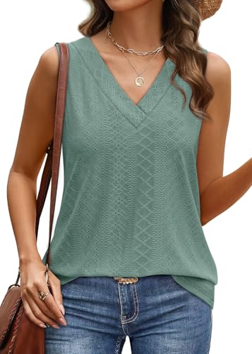 WIHOLL Tank Top for Women Summer Outfits V Neck T Shirts Trendy Eyelet Sleeveless Basic Beach Vacation Clothes3