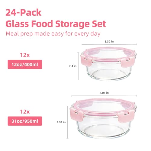 Image of Konokyo Round Glass Food Storage Containers with Lids, 24 Pack Airtight Leakproof Meal Prep Containers, BPA-Free, Microwave Oven Freezer & Dishwasher Safe, Assorted Sizes