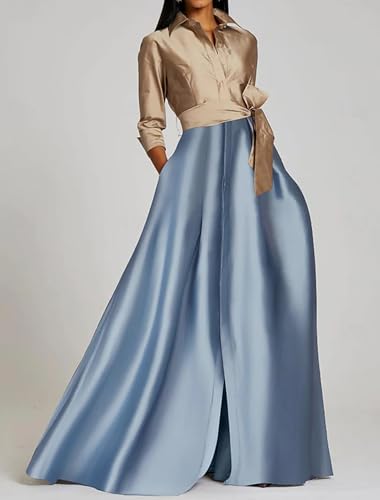 A-Line/Princess Minimalist Prom Dresses Shirt Collar 3/4 Length Sleeve Floor Length Satin Evening Party Gown Belt/Sash3