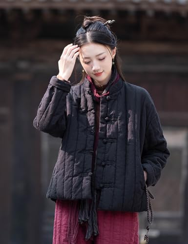 Women's Chinese Tang Suit Short Coat Cotton Linen Quilted Warm Jacket Coats with Pockets4