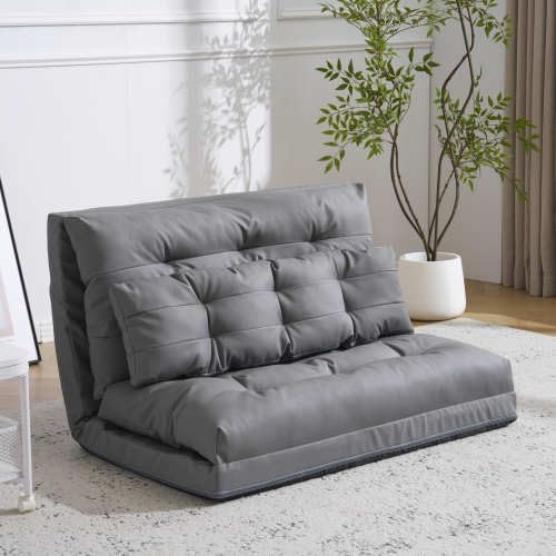 KJUUJEソファ ソファーベッド レザー皮革/ワッフル織生地 幅108cm シングル 折りたたみ ソファベッド リクライニング 座椅子 2人掛け ローソファー 一人用 ベッド 極厚クッション ワンルーム マルチに使え (レザー皮革PU+ グレー)