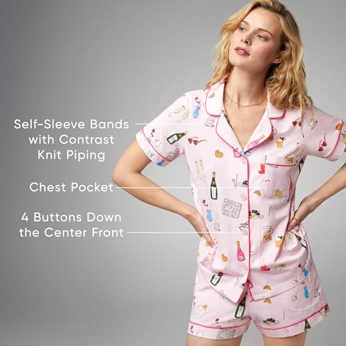 Image of Trina Turk Womens Short Sleeve Notch Collar & Shorts Sleepwear Pajama Set, Organic Cotton
