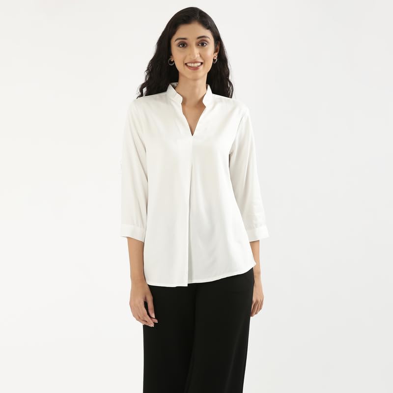 Image of SAADAA Top for Women, Viscose Pleated Tops, V-Neck with a Collar, 3 /4 Sleeve Length, Office & Casual Wear
