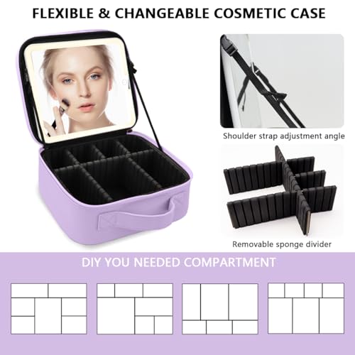 Image of Makeup Bag with Mirror,with Mirror 3 Color Setting and Detachable 10x Magnifying Mirror Large Vanity Makeup Cases,Portable Storage and Adjustable Dividers, for Women and Makeup Artists-Purple