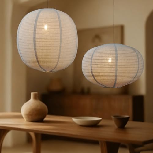 Image of METHEDEECO 2 Pack Pendant Lamp Shades, 16 Inch Linen Hanging Light Shades, Oval and Round Lantern Shade Covers, Beige Fabric Boho Japandi Minimalist Decor, Shades Only for Bedroom, Living Room (beige)