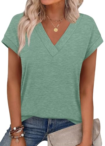 Plus Size Spring Clothes for Women V Neck T Shirts Short Sleeve Tops Cute Summer Vacation Outfits Blue Green St Patricks Day Shirt XXL