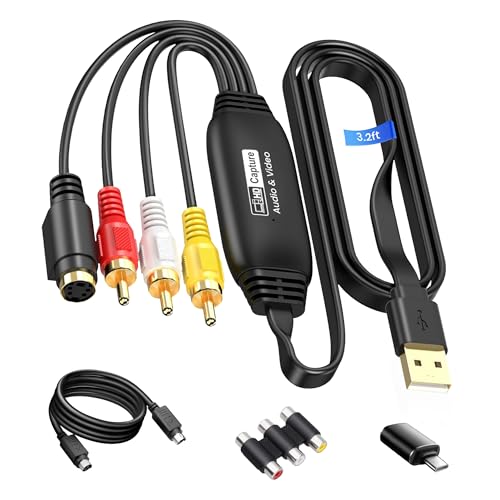 VHS to Digital Converter, avedio links USB2.0 Video Cpture Card, RCA AV to USB Audio Video Converter, 1080P Video Capture Device Convert VHS VCR DVD to Digital Adapter, Compatible with Windows, Mac OS