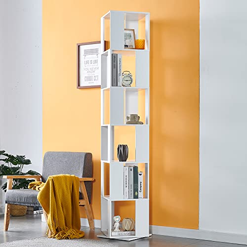 Redd Royal 6-Tier Tall Bookcase White 360 Rotating Bookshelf Wood for Living Room Bedroom Floor Standing Storage Rack Open Design Spining Swivel Corner Shelf Home Office Decor