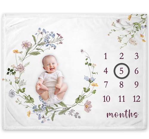 Yuzioey Wildflower Milestone Blanket, Wildflower Baby Growth Chart Monthly Blanket, Watch Me Grow Floral Baby Nursery for New Moms Baby...