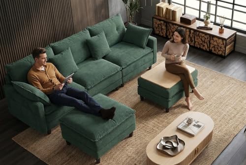 Image of Oversized Sectional Sofa, 107.3 inch U Shaped Cloud Couch Modern Modular Sectional Sofa with 2 Storage Ottoman Coffee Table, Corduroy Deep Seat Sofa with Throw Pillows for Living Room, Bedroom, Cream