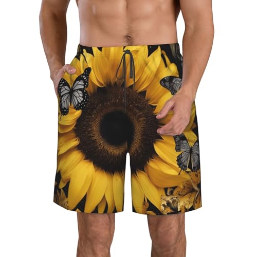 Butterfly and Sunflower Men's Swim Trunks Quick Dry Board Shorts with Pockets Casual Drawstring Beach Shorts