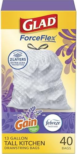 Glad ForceFlex Tall Kitchen Trash Bags, 13 Gal, Gain Lavender wit...