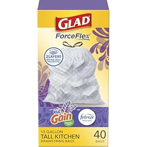 Glad ForceFlex Tall Kitchen Trash Bags, 13 Gal, Gain Lavender with Febreze, 40 Ct (Pack May Vary)