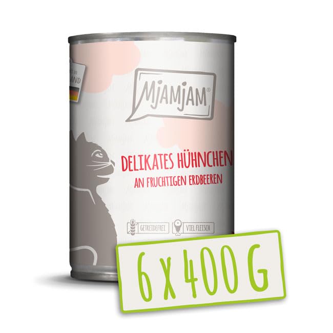 MjAMjAM - Comida húmeda Premium para Gatos - Delicado Pollo con jugosas Fresas, Pack de 6 (6 x 400 g), sin Cereales con Extra de Carne