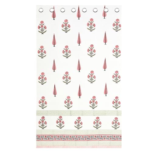 Image of BLOCKS OF INDIA Blackout Hand Block Printed Cotton Daylight Curtains with Eyelets(Set of 2 Curtains) (Block 8, 7 Feet /Door), Pink, White
