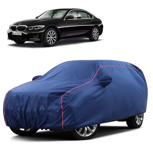Image of Sulfar 100% Water Resistant Car Body Cover Compatible with Mirror for BMW 320D (Triple Stitched, Full Bottom Elastic, Blue Taffeta with Red Piping)