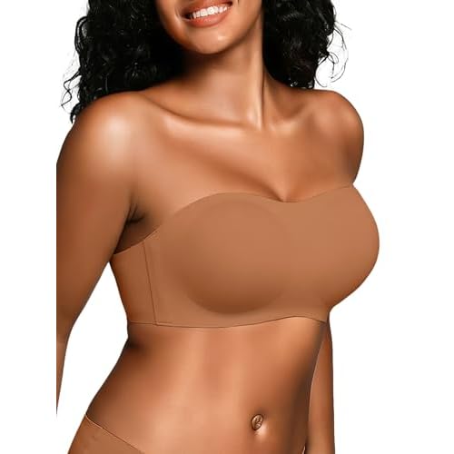 Wireless Strapless Bras for Women, S-2XL, Seamless Bandeau Bralette with Light Padding, Anti-Slip Tube Top Bra Coffee Medium
