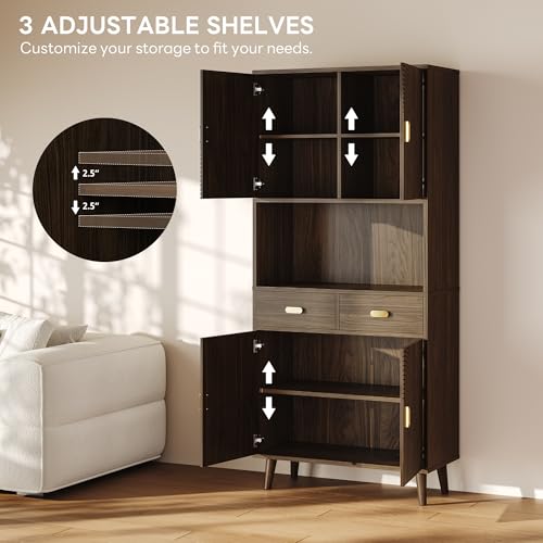 Image of LIKIMIO 71.6 inch Tall Kitchen Pantry Cabinet, Walnut Mid-Century Hutch Cabinet with Storage- 3 Adjustable Shelves, 2 Drawers, Multi-Room Pantry