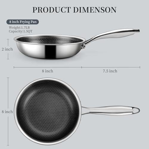 Innerwell Stainless Steel Frying Pan 8 Inch Nonstick Honeycomb Coatings Skillet for Eggs & Omelettes-Non Toxic Healthy Kitchen Cooking Pan Compatible with All Cooktops - Thumbnail 2
