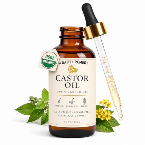 Castor Oil Organic Hexane Free USDA Certified 100% Pure Cold Pressed Organic Castor Oil for Hair Growth & Strength Fuller Lashes & Eyebrows Hydrated & Rejuvenated Skin (Finest Glass Bottle 4OZ)
