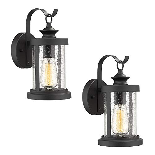 Emliviar Outdoor Wall Lanterns 2 Pack, Outdoor Wall Sconce in Black Finish with Seeded Glass Shade, 1810-EW1-2PK