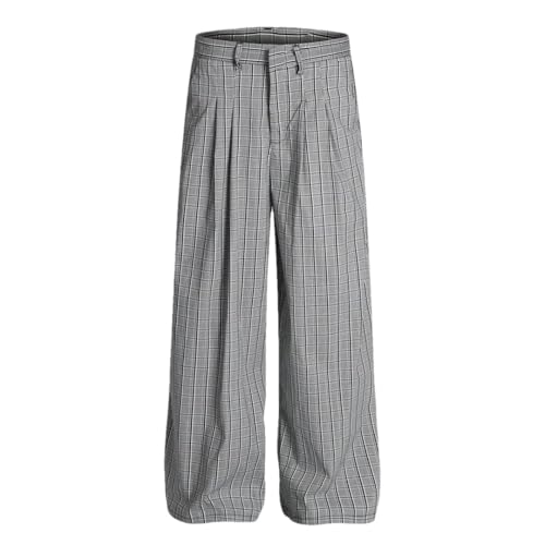 Mens Retro Plaid Casual Pants Summer Streetwear Loose Straight-Leg Wide Leg Pants
