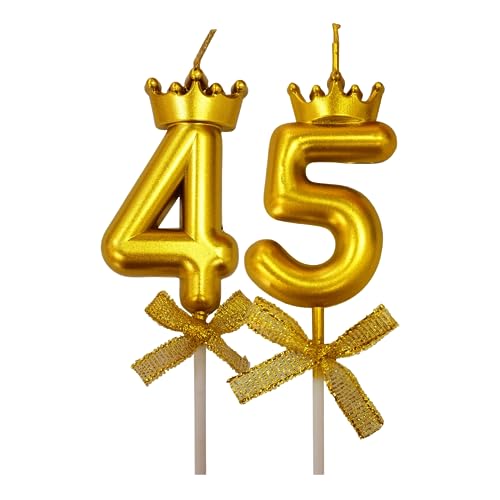 Image of 2 Pc 45 Number Candle for Birthday Cake Metallic 45th Birthday Cake Decoration Forty Five Candle with Crown on Top Cake Topper 0-9 Number Candles for Anniversary (Pack of 2, Gold)