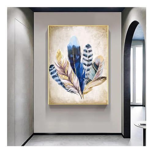 Peinture sur toile abstraite feuille d'or et plumes - Affiche nordique salon 75x100 cm