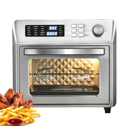 JDKJAG 26L Air Fryer Oven, 10 en 1 multifunción Air Fryers, mini eléctrico Fryer, acero inoxidable, puerta de doble acristalamiento/cocción a 360°, 10 preajustes de cocción, freidora y horno
