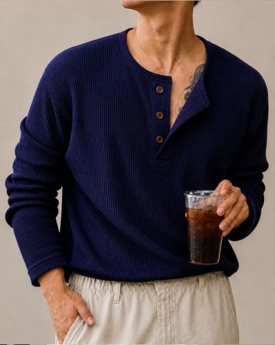 Image of AUSK Men's Textured Henley T-Shirt || Full Sleeve Ribbed Knit Button Neck T Shirt for Men || Regular Fit Casual Wear Tee || Smart Casual Tshirt for Mens
