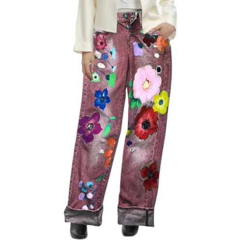 TIAFORD Women's Fashion Flower Graphic Washed Jeans Casual Chic Floral Print Straight Leg Denim Pants Zipper Trousers Outfits