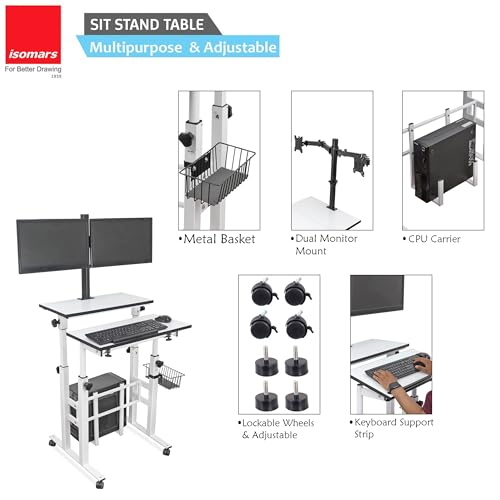 Image of Isomars Computer /Laptop Table with Dual Monitor Mount, Adjustable Height & Angles, Sit Stand Table, Computer Desktop Workstation Useful for Gadgets Like Desktop, Laptop, etc. (White).