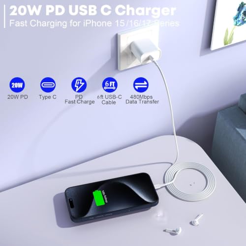 Image of 2Pack iPhone 17 /16 /15 Fast Charger,Apple 20W USB C Charger Block USB-C Cord