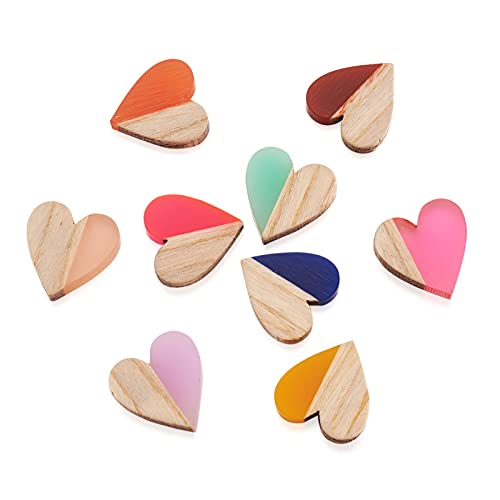 Fashewelry 50Pcs Half Wood Half Resin Heart Cabochons Flat Back Wooden Geometry Self Adhesive Tiles 15x14.5mm Two-Tone No Hole Beads Statement for Jewelry Making Scrapbooking Crafting Decoration