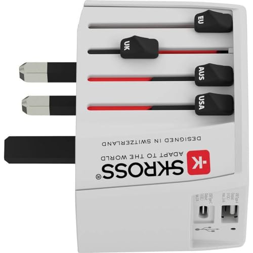Skross, 1.302962, MUV USB (AC), Adaptador de Viaje Universal + 2 USB. Voltaje y Potencia: 100V - 250W / 250V - 625W - 1 x USB C: 3.0A, 1 x USB A: 2.4A. Protección contra descargas eléctricas