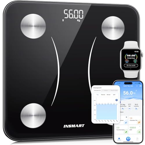 INSMART Bascula Baño, Bascula Grasa Corporal y muscular con pantalla LED,Bascula con app para Andriod e iOS,Bascula Inteligente controla 17 datos corporales,Balanza Peso Corporal peso máximo 180kg