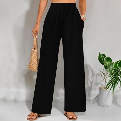 Womens 2025 New Floral Print Palazzo Pants Boho Stylish High Waist Elastic Drawstring Lounge Travel Wide Leg Pants2