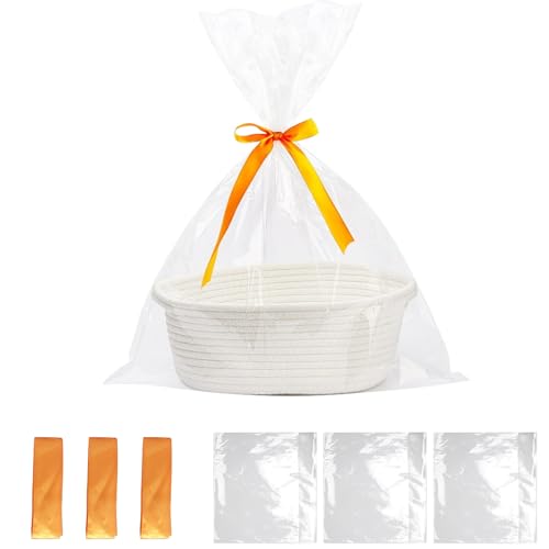 ACESOME Cesta de regalo, cesta vacía, cesta de regalo vacía grande con asas, cestas de cuerda de algodón para regalos, con bolsas de regalo transparentes y lazos para flores, manualidades (blanco)