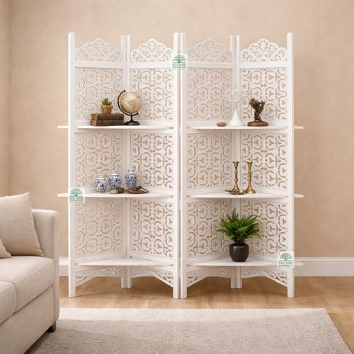 Image of Wooden Room Divider 6 Feet, 4-Panel Folding Wooden Partition for Living Room, Office, Pooja Room, Restaurant, Kitchen & Balcony (2W x 1.82H Meters). (Milky White Shelves)