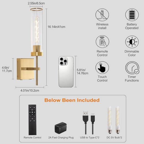 Image of Wall Sconces,Gold Battery Operated Wall Sconce Dimmable Touch 3000K /6000K 2 Color Bulbs 8000mAh Fast Chargin Endurance 100 Hours with Remote Control Wireless Wall Lights for Bedroom Living Room