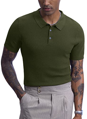Men's Knit Button Polo Shirts Short Sleeve Casual Knitted Polo Tops Golf Shirts