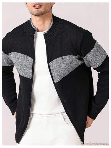 SHENHE Men's Cardigan Full Zip Up Color Block Mock Neck Sweater Thick Soft Cardigan2