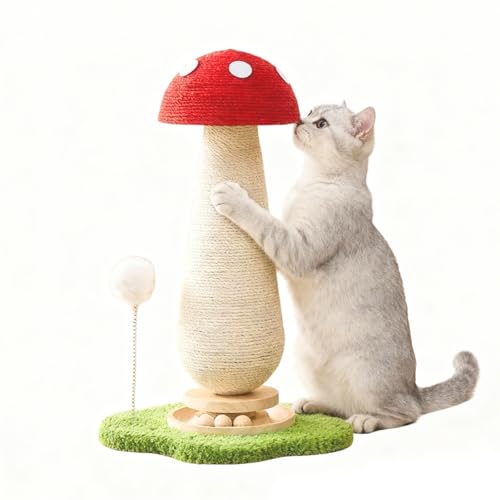 Mushroom Cat Scratcher Tower Interactive Ball Track Spring Ball Cat Scratching Post Sisal Kitty Activity Center for Indoor Cats & Kittens Sturdy Wide Base 25.2 Inch - Red